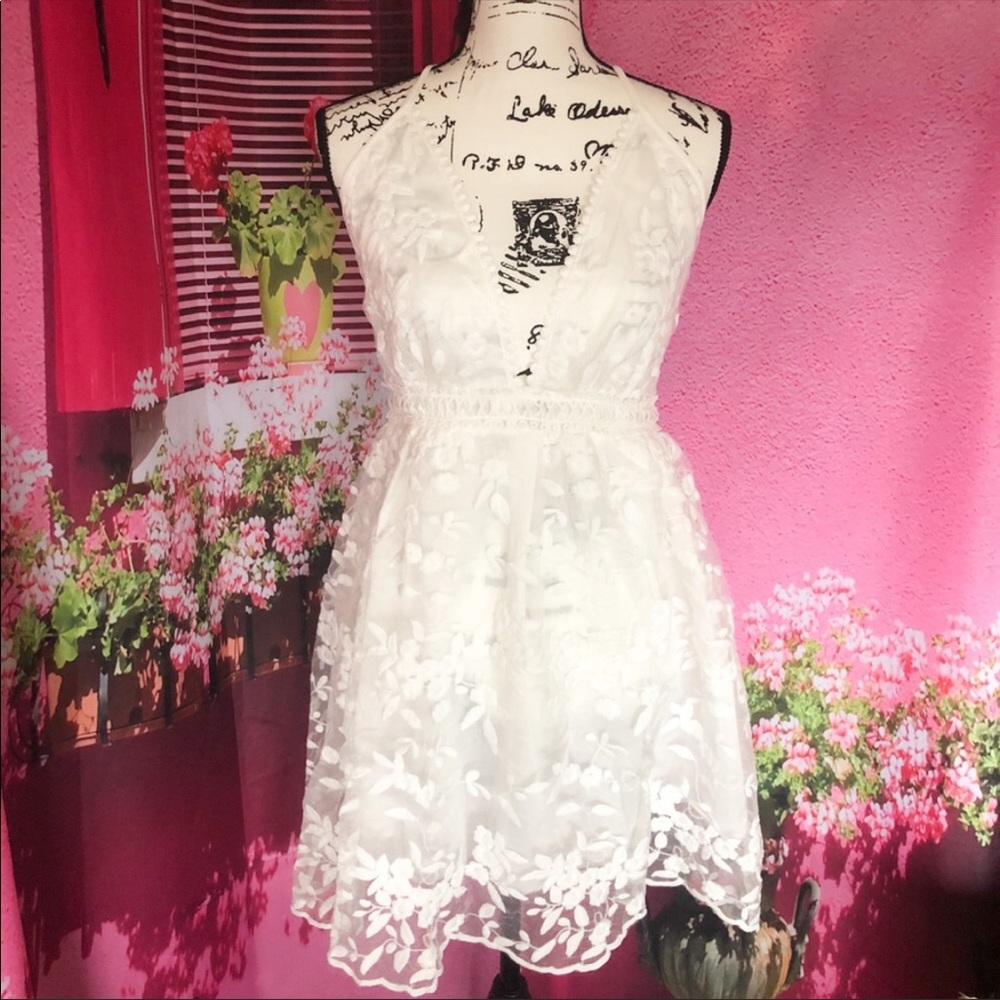 Dress lace floral embroidery Back strap open back sexy beach summer dress white - Picture 5 of 5